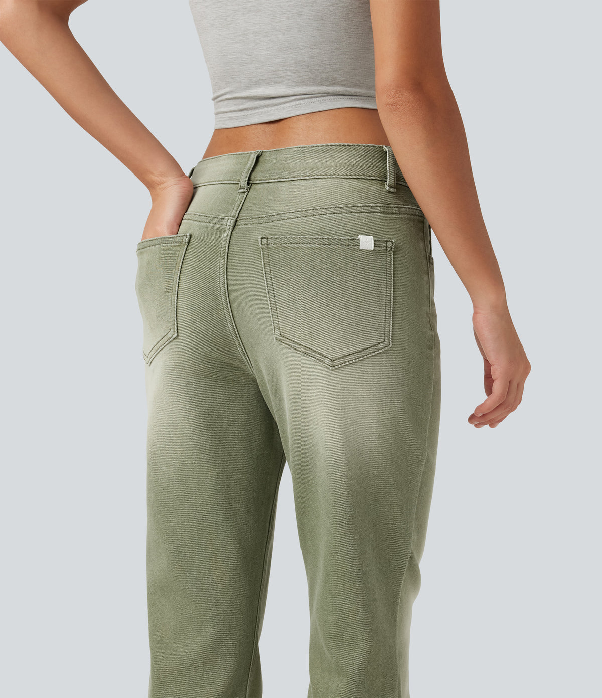 Low Rise Bootcut Colorful Casual Jeans with Pockets — Dune Moss — view 5