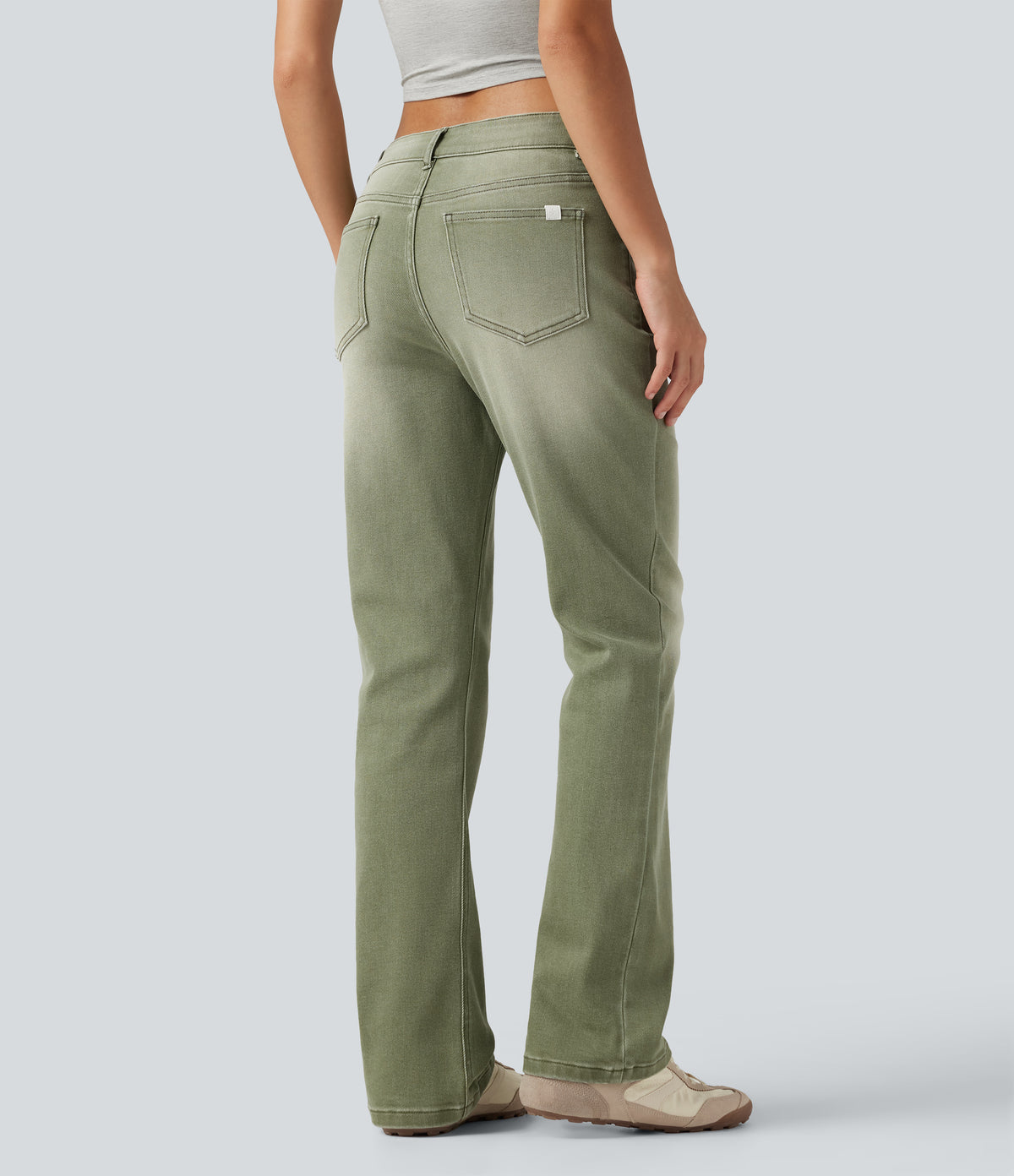 Low Rise Bootcut Colorful Casual Jeans with Pockets — Dune Moss — view 2
