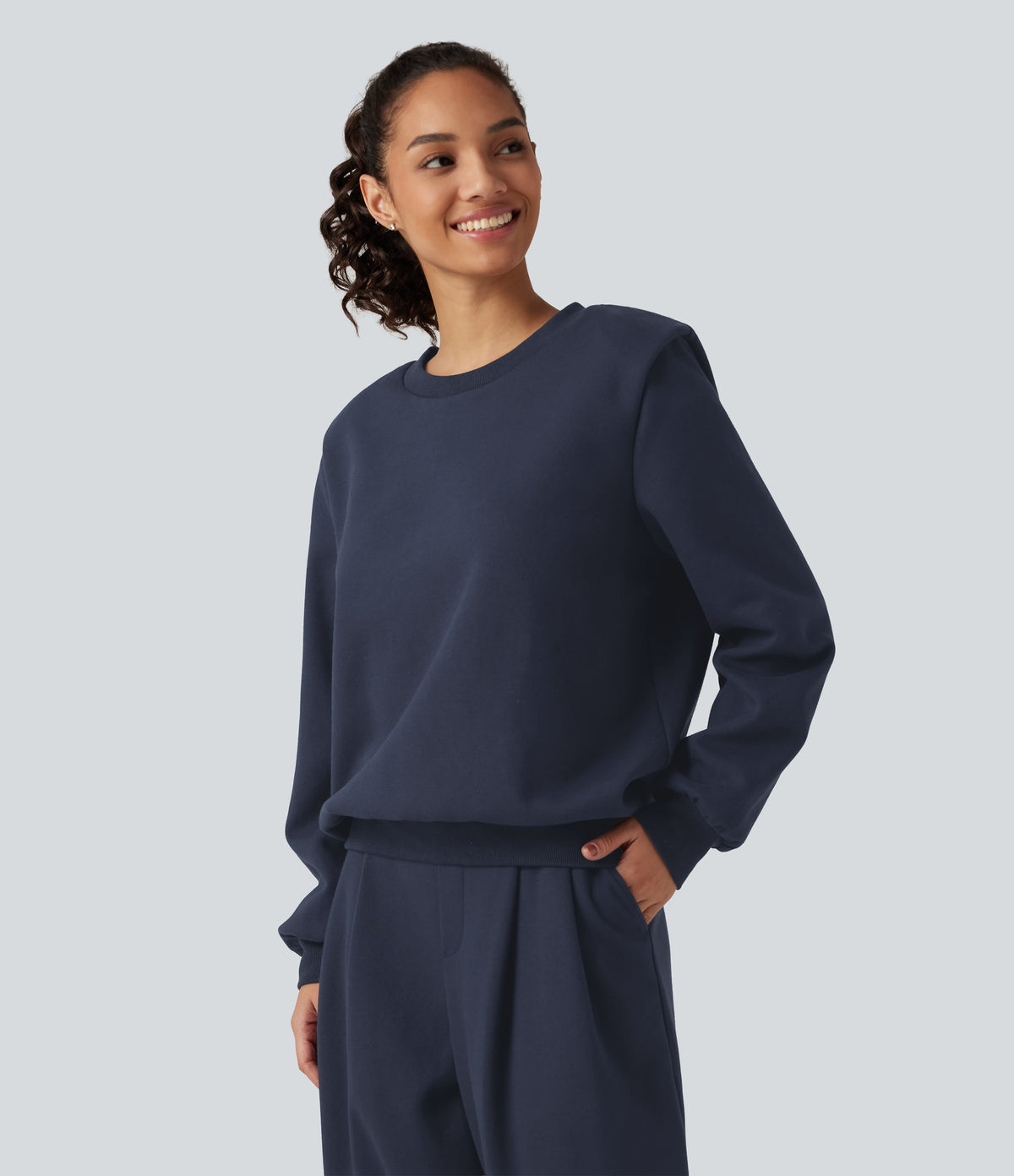 Round Neck Long Sleeve Casual Cotton Sweatshirt — Night Blue — view 3