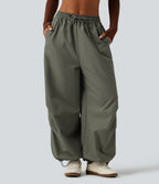 Mid Rise Drawstring Baggy Adjustable Drawcord Hiking Cargo Pant with Pockets — Dusty Olive — view 6