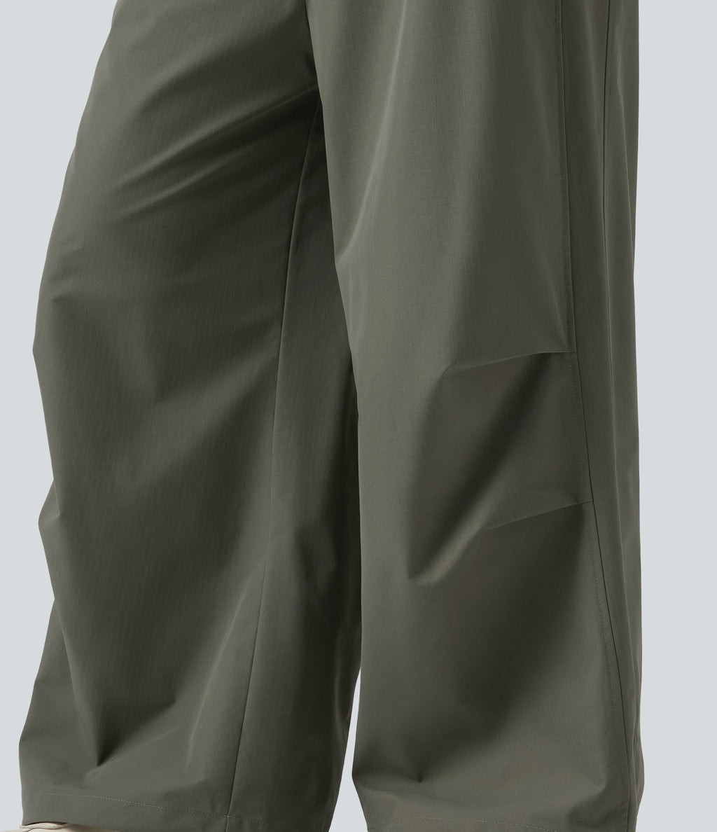 Mid Rise Drawstring Baggy Adjustable Drawcord Hiking Cargo Pant with Pockets — Dusty Olive — view 8
