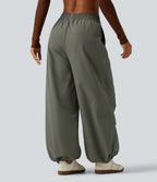 Mid Rise Drawstring Baggy Adjustable Drawcord Hiking Cargo Pant with Pockets — Dusty Olive — view 2
