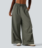 Mid Rise Drawstring Baggy Adjustable Drawcord Hiking Cargo Pant with Pockets — Dusty Olive — view 3