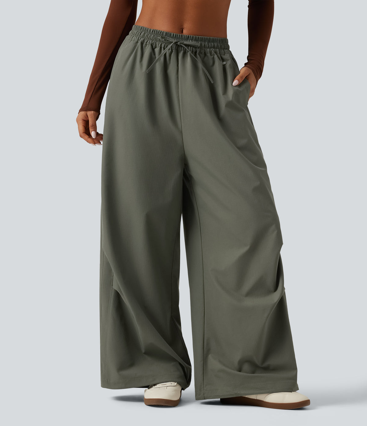 Mid Rise Drawstring Baggy Adjustable Drawcord Hiking Cargo Pant with Pockets — Dusty Olive — view 3