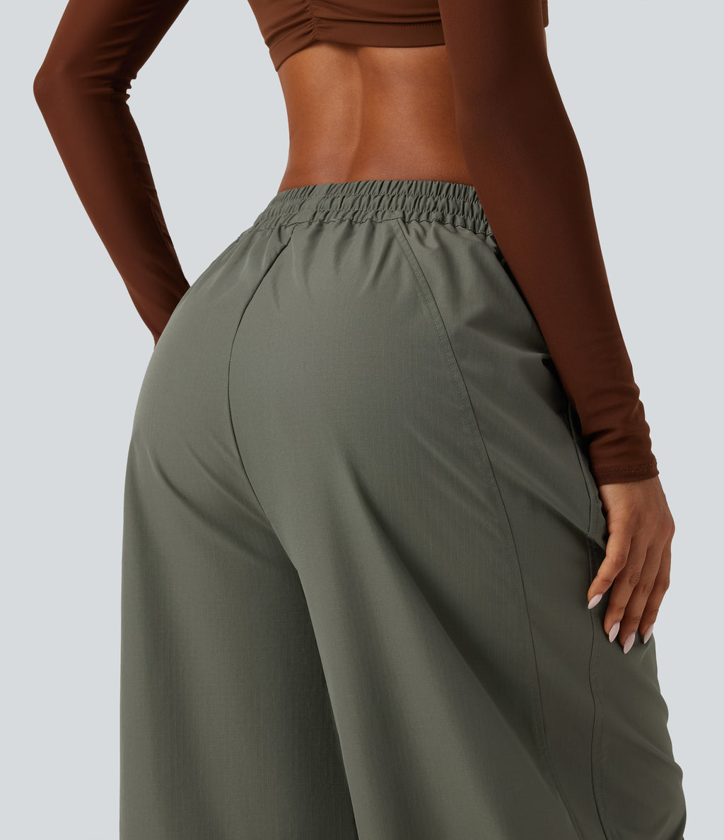 Mid Rise Drawstring Baggy Adjustable Drawcord Hiking Cargo Pant with Pockets — Dusty Olive — view 4