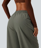 Mid Rise Drawstring Baggy Adjustable Drawcord Hiking Cargo Pant with Pockets — Dusty Olive — view 4