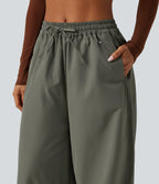 Mid Rise Drawstring Baggy Adjustable Drawcord Hiking Cargo Pant with Pockets — Dusty Olive — view 5