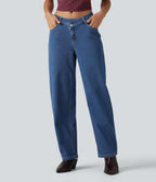 Mid Rise Asymmetric Barrel Leg Casual Jeans with Pockets — Gulf Stream Blue Denim — view 1