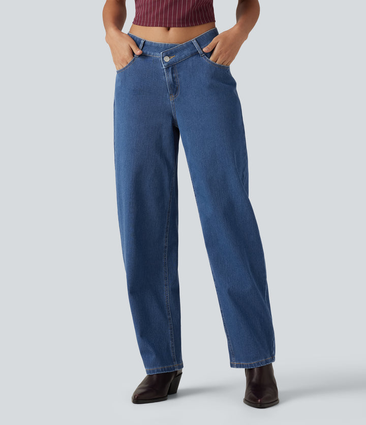 Mid Rise Asymmetric Barrel Leg Casual Jeans with Pockets — Gulf Stream Blue Denim — view 1
