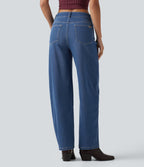 Mid Rise Asymmetric Barrel Leg Casual Jeans with Pockets — Gulf Stream Blue Denim — view 2
