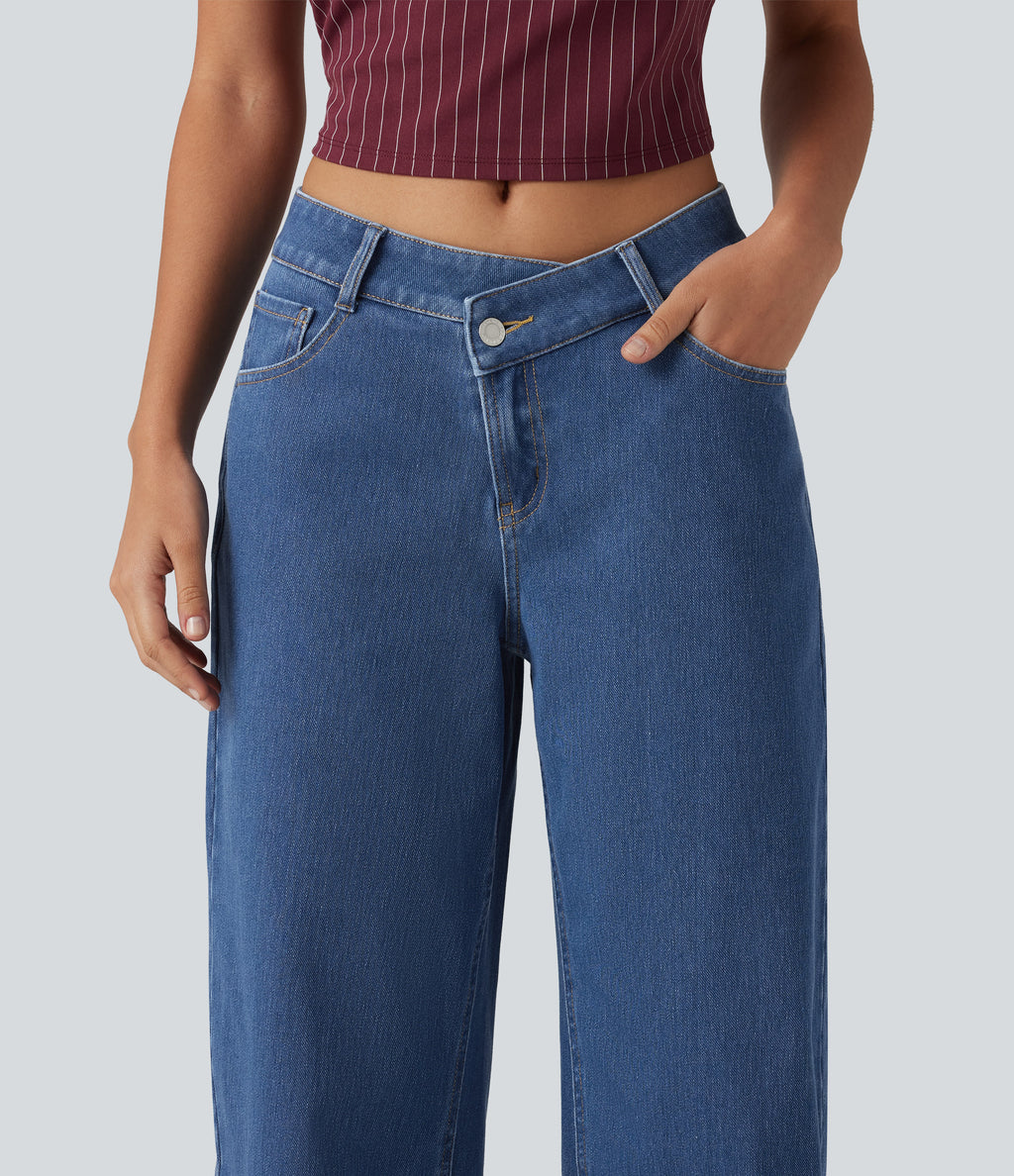 Mid Rise Asymmetric Barrel Leg Casual Jeans with Pockets — Gulf Stream Blue Denim — view 4