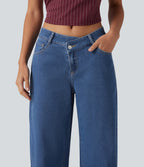 Mid Rise Asymmetric Barrel Leg Casual Jeans with Pockets — Gulf Stream Blue Denim — view 4