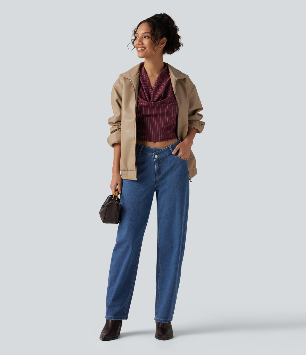 Mid Rise Asymmetric Barrel Leg Casual Jeans with Pockets — Gulf Stream Blue Denim — view 7
