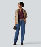 Mid Rise Asymmetric Barrel Leg Casual Jeans with Pockets — Gulf Stream Blue Denim — view 7