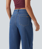 Mid Rise Asymmetric Barrel Leg Casual Jeans with Pockets — Gulf Stream Blue Denim — view 5