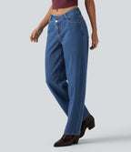 Mid Rise Asymmetric Barrel Leg Casual Jeans with Pockets — Gulf Stream Blue Denim — view 3