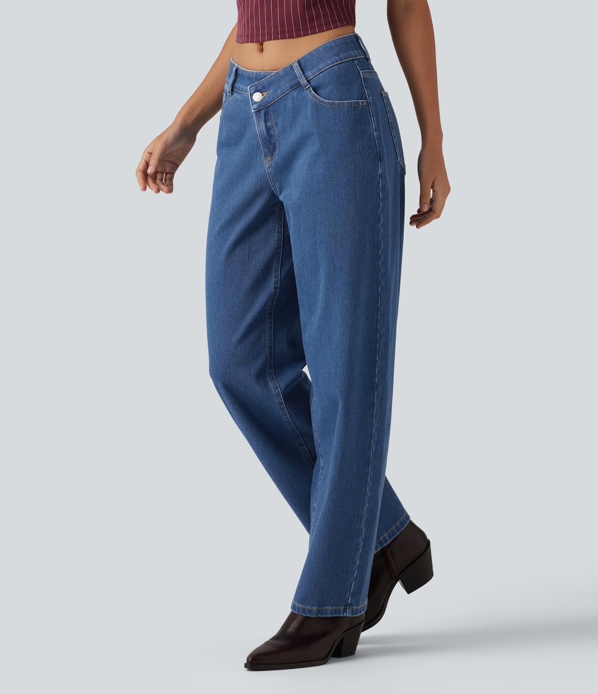 Mid Rise Asymmetric Barrel Leg Casual Jeans with Pockets — Gulf Stream Blue Denim — view 3