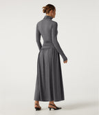 Polo Long Sleeve Thumb Hole Ruched A-Line Casual Maxi Dress — Darl Gray Floral Yarn — view 2