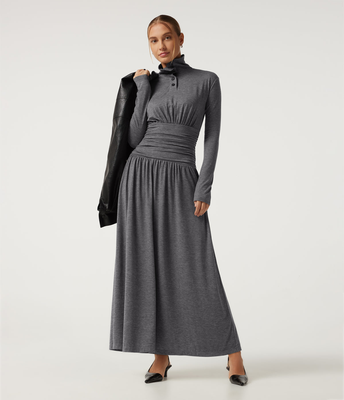 Polo Long Sleeve Thumb Hole Ruched A-Line Casual Maxi Dress — Darl Gray Floral Yarn — view 7