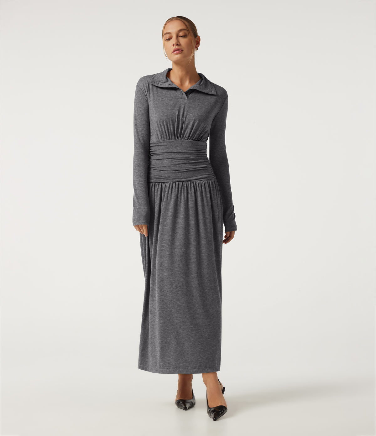 Polo Long Sleeve Thumb Hole Ruched A-Line Casual Maxi Dress — Darl Gray Floral Yarn — view 3