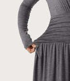 Polo Long Sleeve Thumb Hole Ruched A-Line Casual Maxi Dress — Darl Gray Floral Yarn — view 6