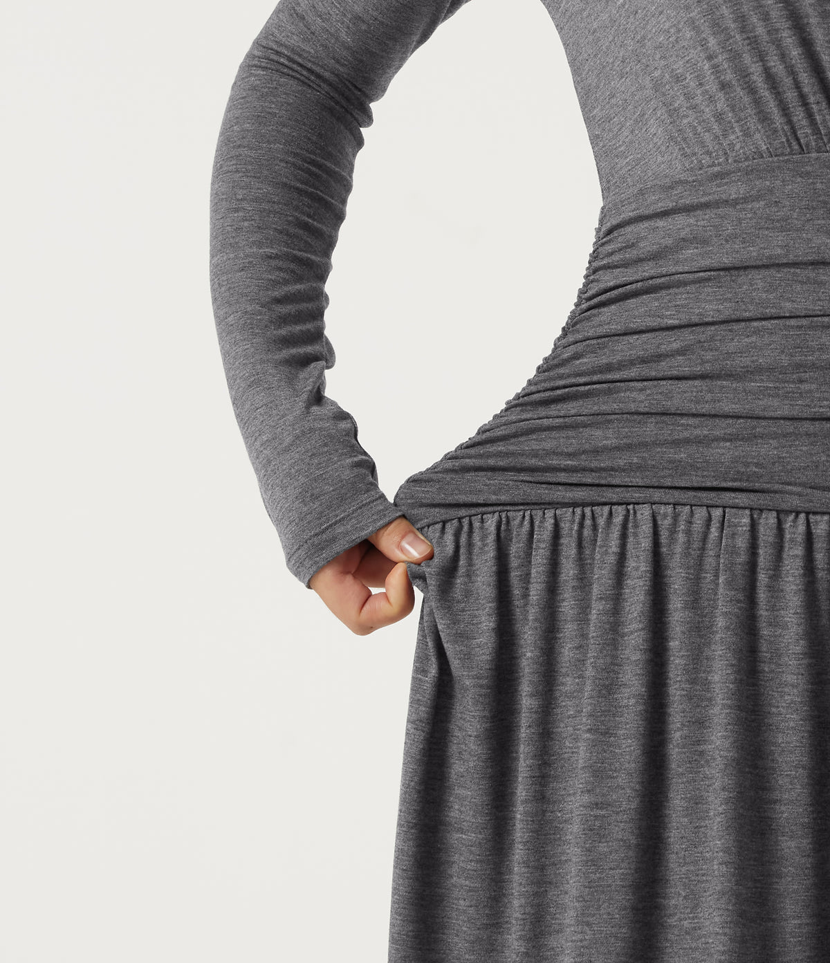 Polo Long Sleeve Thumb Hole Ruched A-Line Casual Maxi Dress — Darl Gray Floral Yarn — view 6