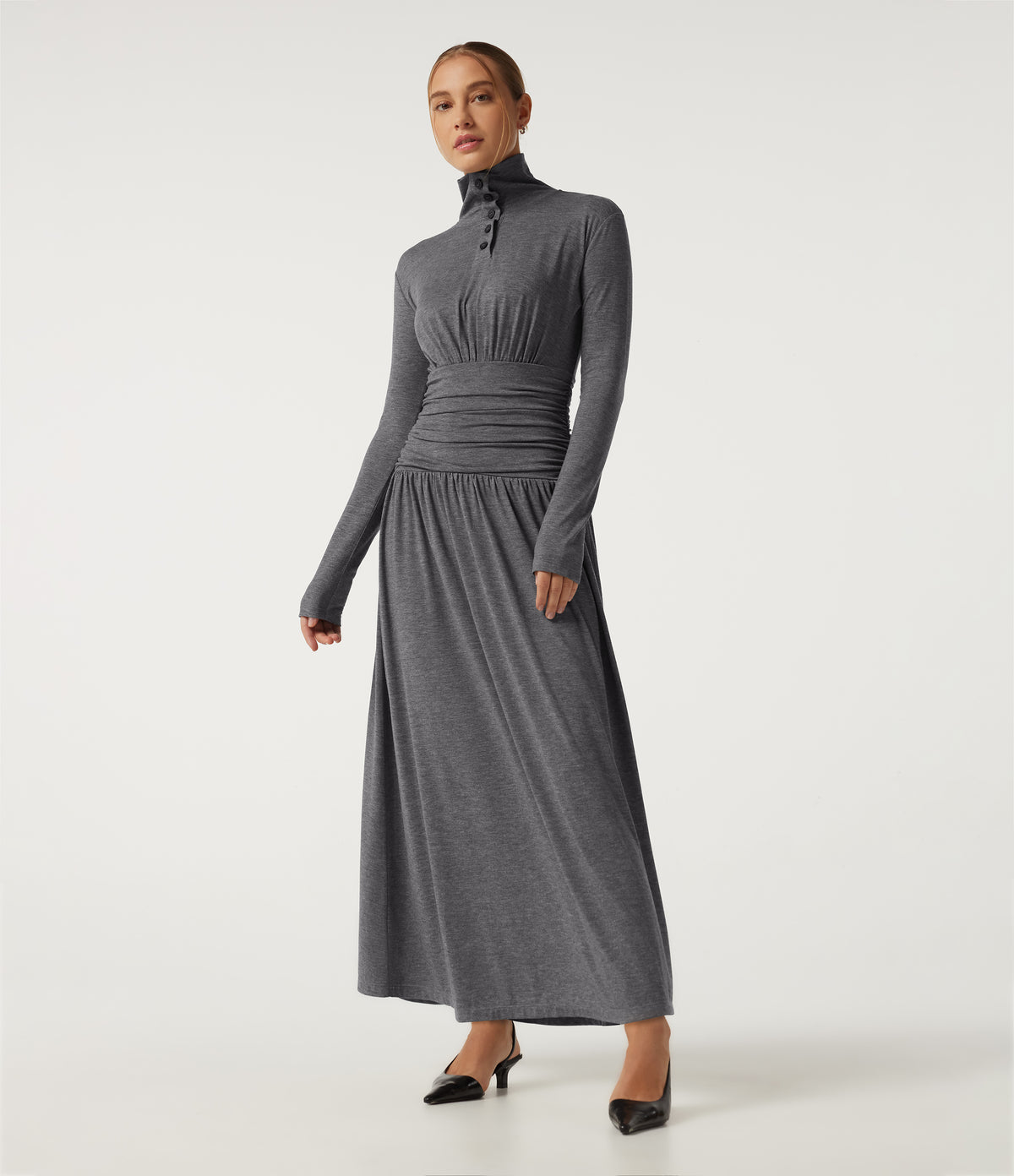 Polo Long Sleeve Thumb Hole Ruched A-Line Casual Maxi Dress — Darl Gray Floral Yarn — view 1