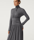 Polo Long Sleeve Thumb Hole Ruched A-Line Casual Maxi Dress — Darl Gray Floral Yarn — view 4