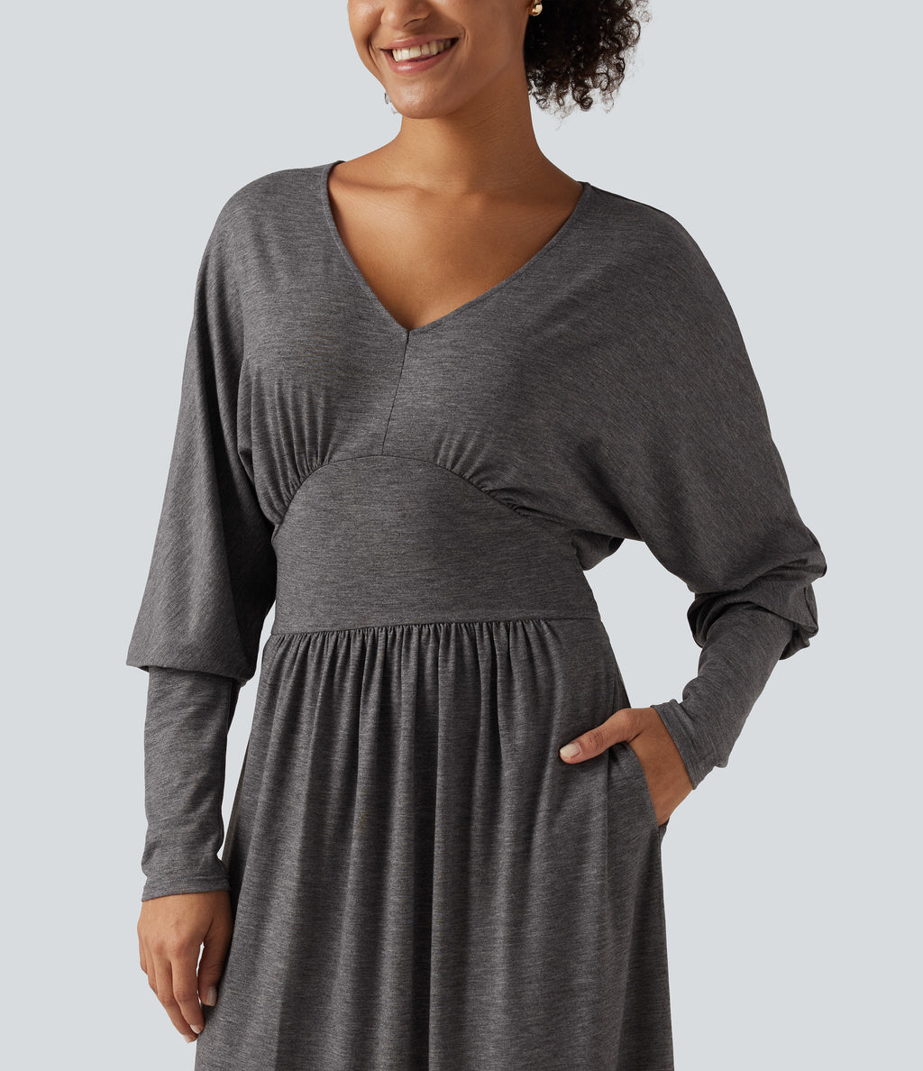 V Neck Long Sleeve Ruched Maxi Casual Dress with Pockets — Darl Gray Floral Yarn — view 4
