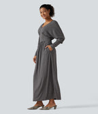 V Neck Long Sleeve Ruched Maxi Casual Dress with Pockets — Darl Gray Floral Yarn — view 3