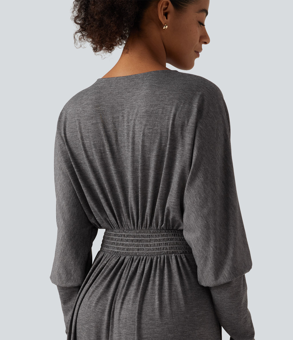 V Neck Long Sleeve Ruched Maxi Casual Dress with Pockets — Darl Gray Floral Yarn — view 5