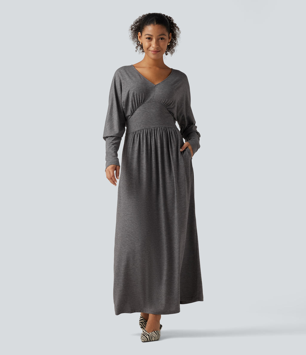 V Neck Long Sleeve Ruched Maxi Casual Dress with Pockets — Darl Gray Floral Yarn — view 1