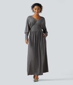 V Neck Long Sleeve Ruched Maxi Casual Dress with Pockets — Darl Gray Floral Yarn — view 1