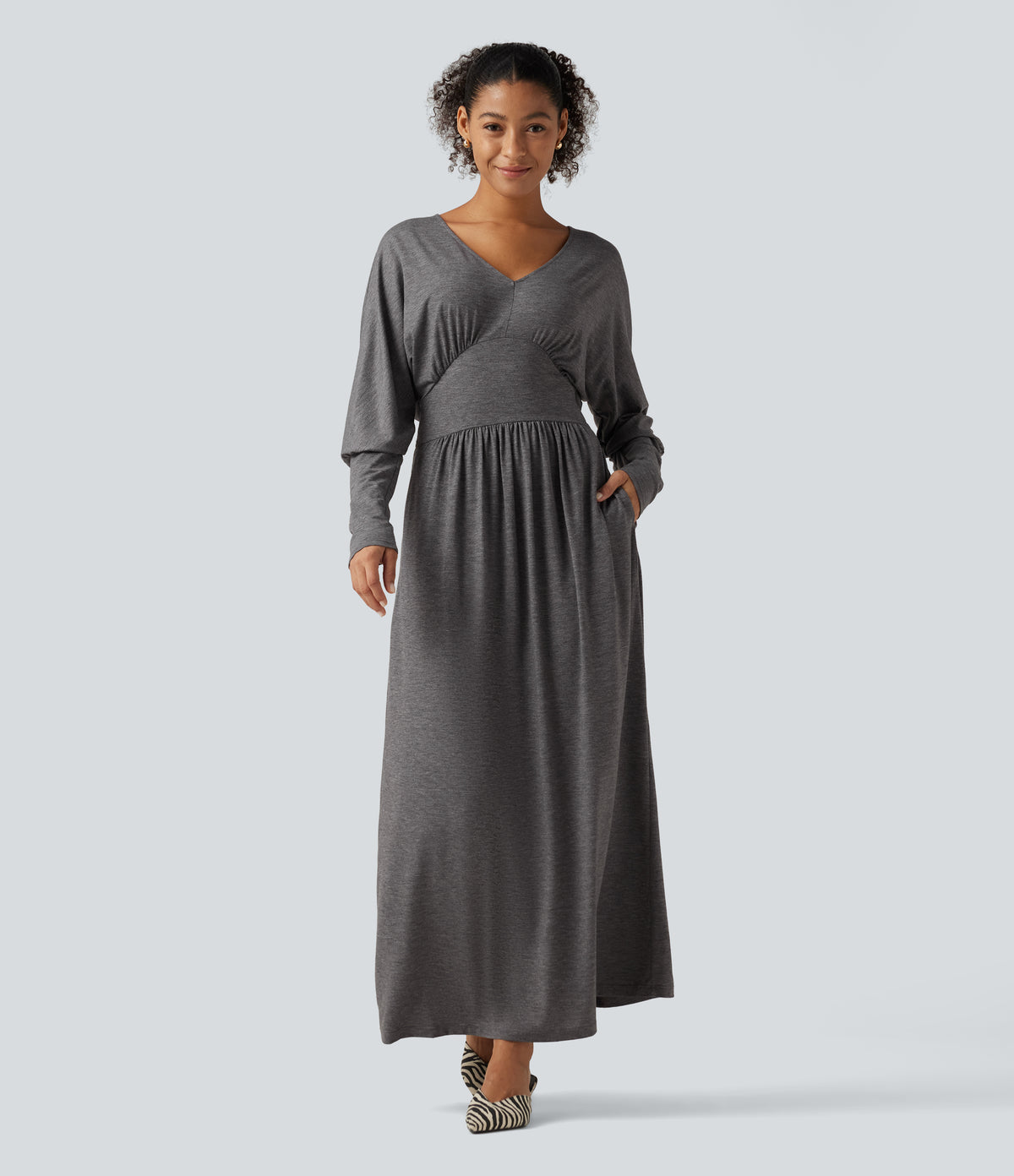 V Neck Long Sleeve Ruched Maxi Casual Dress with Pockets — Darl Gray Floral Yarn — view 1