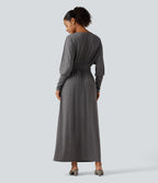 V Neck Long Sleeve Ruched Maxi Casual Dress with Pockets — Darl Gray Floral Yarn — view 2