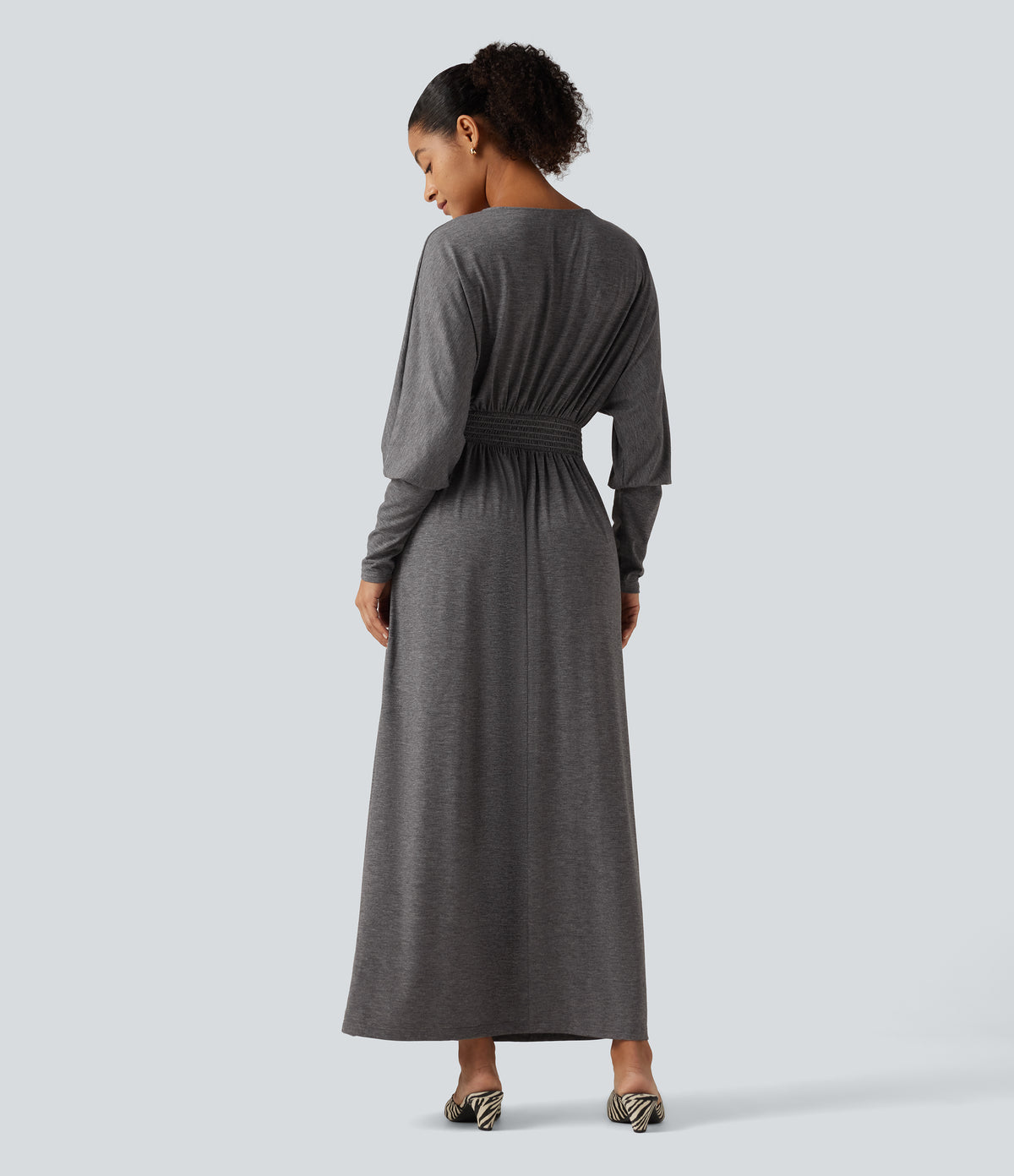 V Neck Long Sleeve Ruched Maxi Casual Dress with Pockets — Darl Gray Floral Yarn — view 2