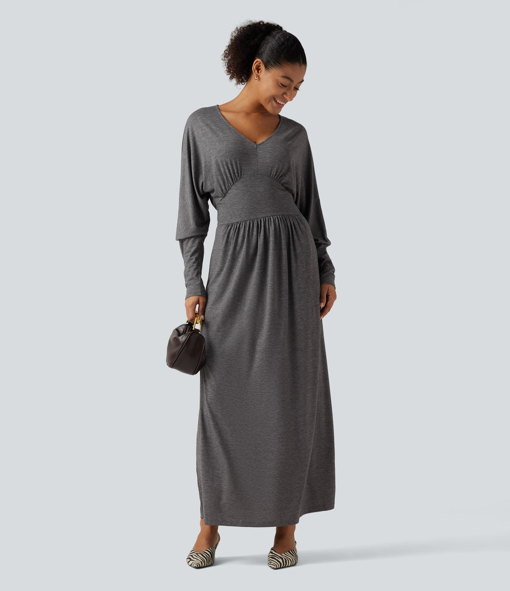 V Neck Long Sleeve Ruched Maxi Casual Dress with Pockets — Darl Gray Floral Yarn — view 6