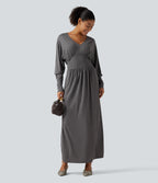 V Neck Long Sleeve Ruched Maxi Casual Dress with Pockets — Darl Gray Floral Yarn — view 6
