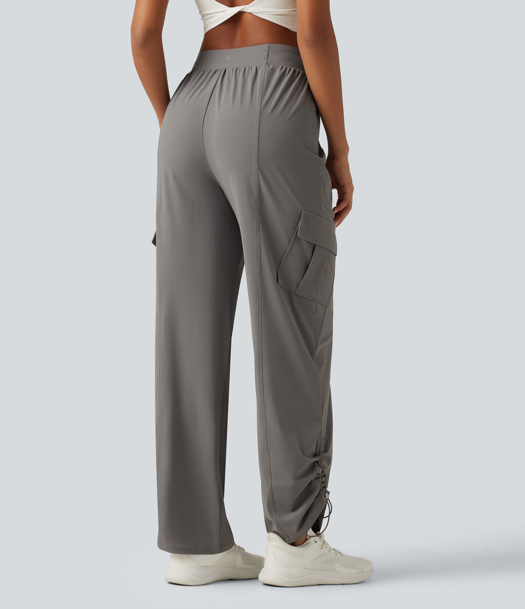 High Waisted Drawstring Ruched Straight Leg Quick Dry InstantCool Running Trousers with Pockets-UPF40+ — Steel Gray — view 1