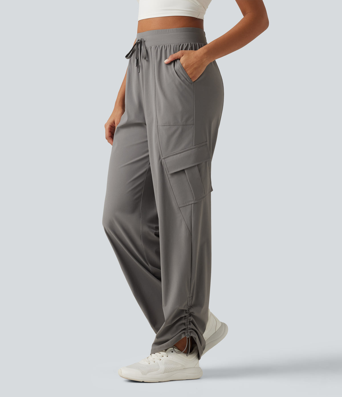 High Waisted Drawstring Ruched Straight Leg Quick Dry InstantCool Running Trousers with Pockets-UPF40+ — Steel Gray — view 2