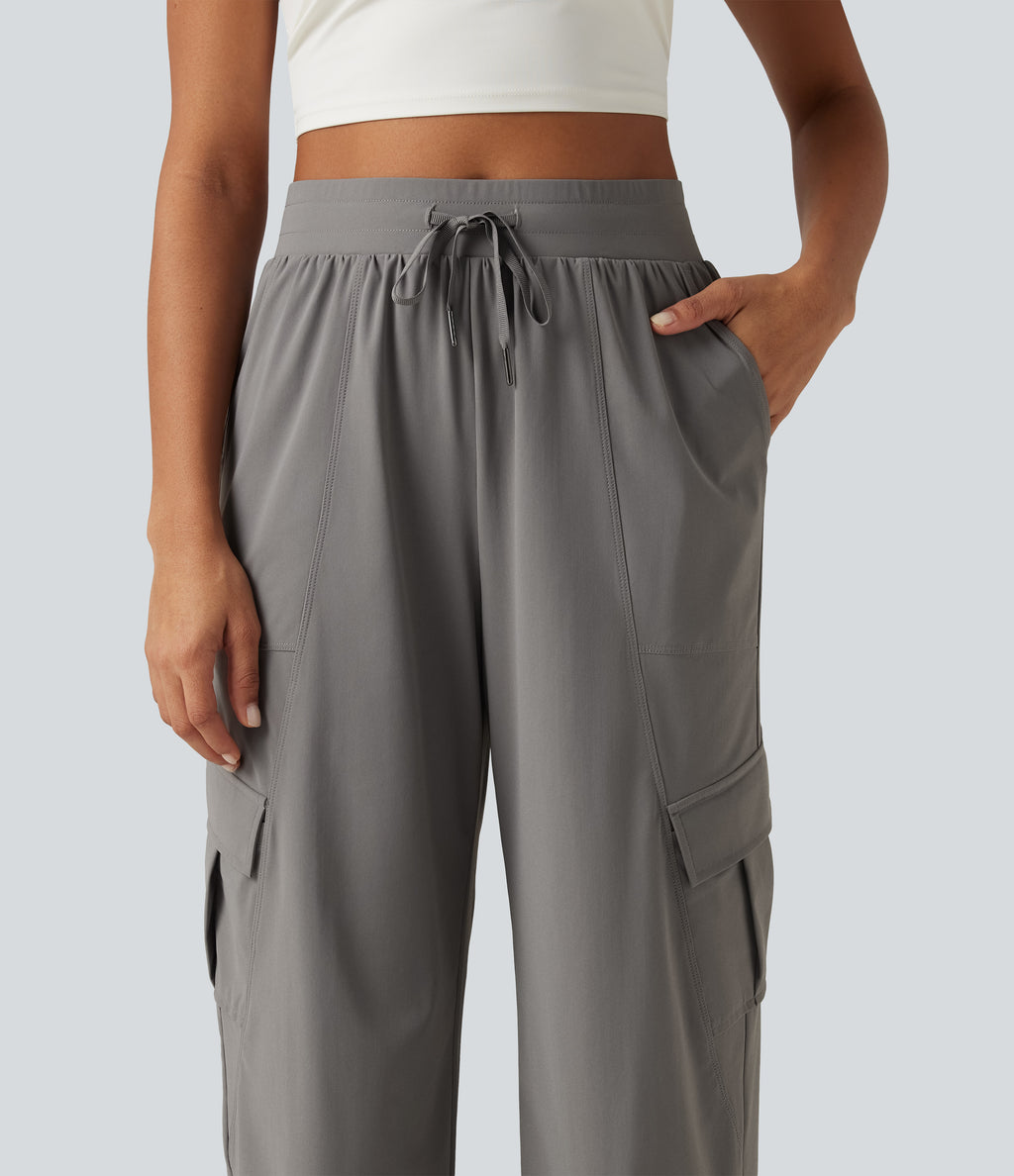 High Waisted Drawstring Ruched Straight Leg Quick Dry InstantCool Running Trousers with Pockets-UPF40+ — Steel Gray — view 4
