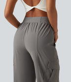 High Waisted Drawstring Ruched Straight Leg Quick Dry InstantCool Running Trousers with Pockets-UPF40+ — Steel Gray — view 5