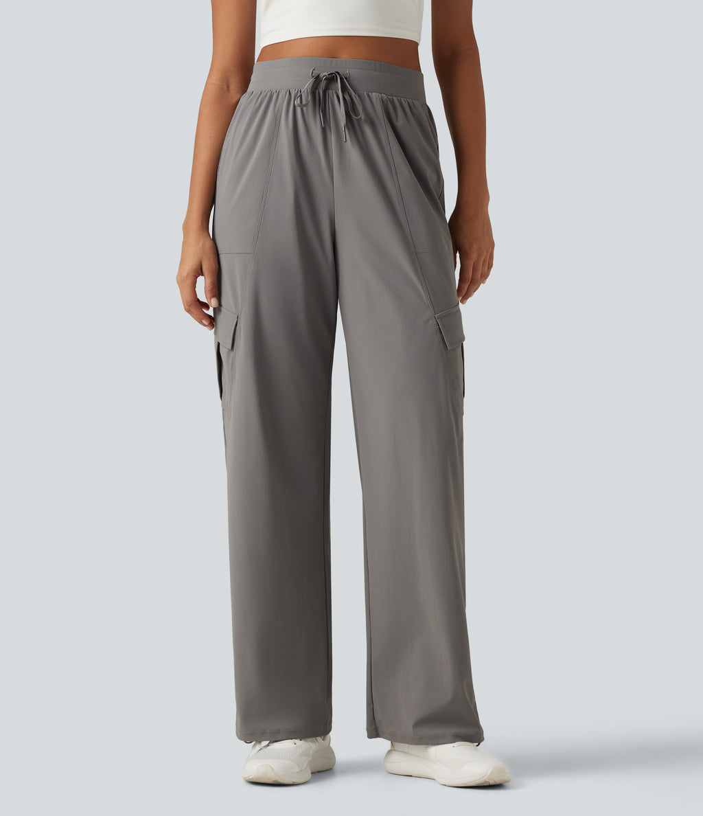 High Waisted Drawstring Ruched Straight Leg Quick Dry InstantCool Running Trousers with Pockets-UPF40+ — Steel Gray — view 3