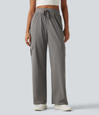 High Waisted Drawstring Ruched Straight Leg Quick Dry InstantCool Running Trousers with Pockets-UPF40+ — Steel Gray — view 3
