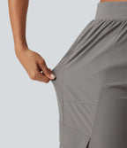 High Waisted Drawstring Ruched Straight Leg Quick Dry InstantCool Running Trousers with Pockets-UPF40+ — Steel Gray — view 8