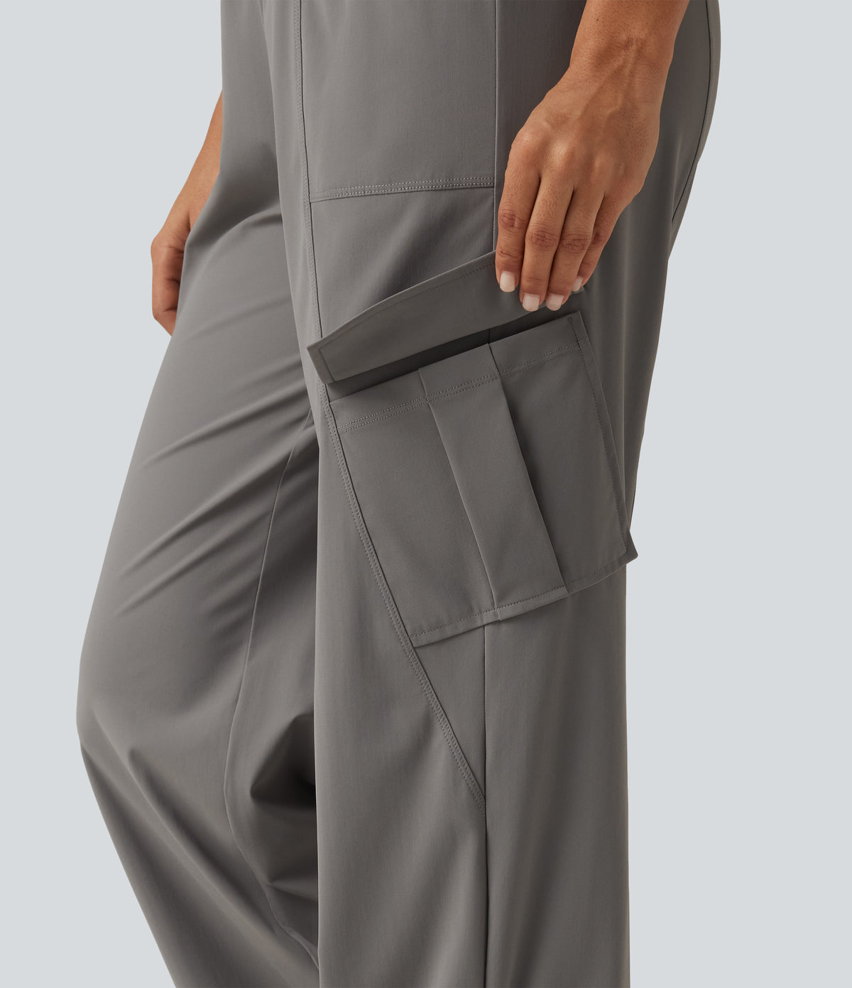High Waisted Drawstring Ruched Straight Leg Quick Dry InstantCool Running Trousers with Pockets-UPF40+ — Steel Gray — view 6