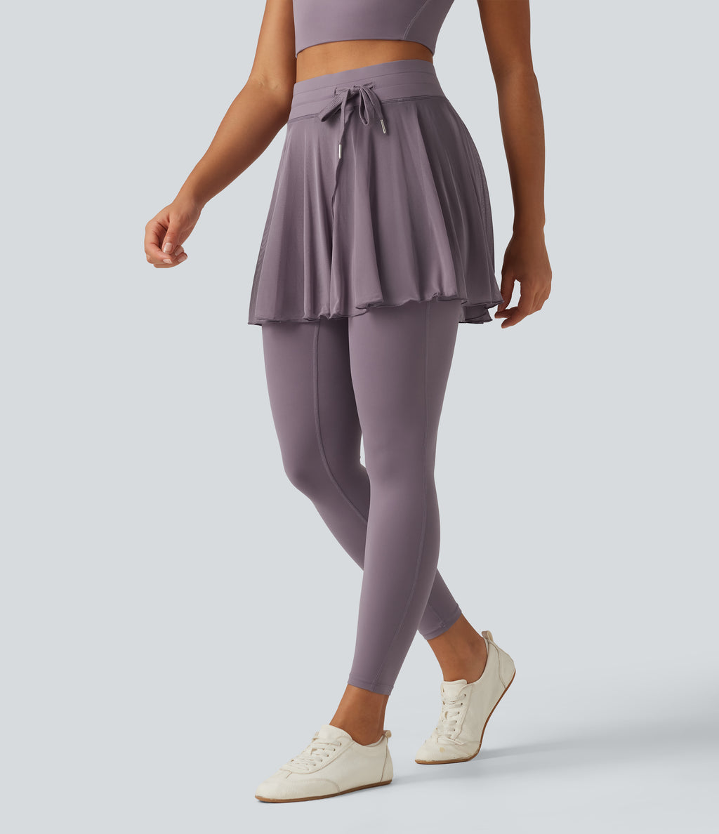 High Waisted Drawstring Mesh Dance Skirted Leggings with Pockets — Cinnabar Purple — view 3