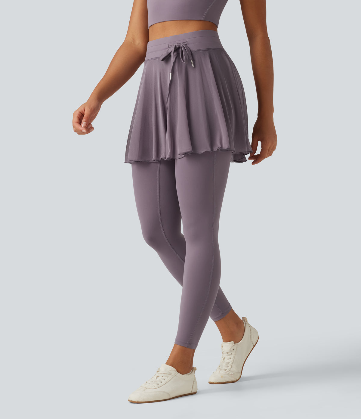 High Waisted Drawstring Mesh Dance Skirted Leggings with Pockets — Cinnabar Purple — view 3
