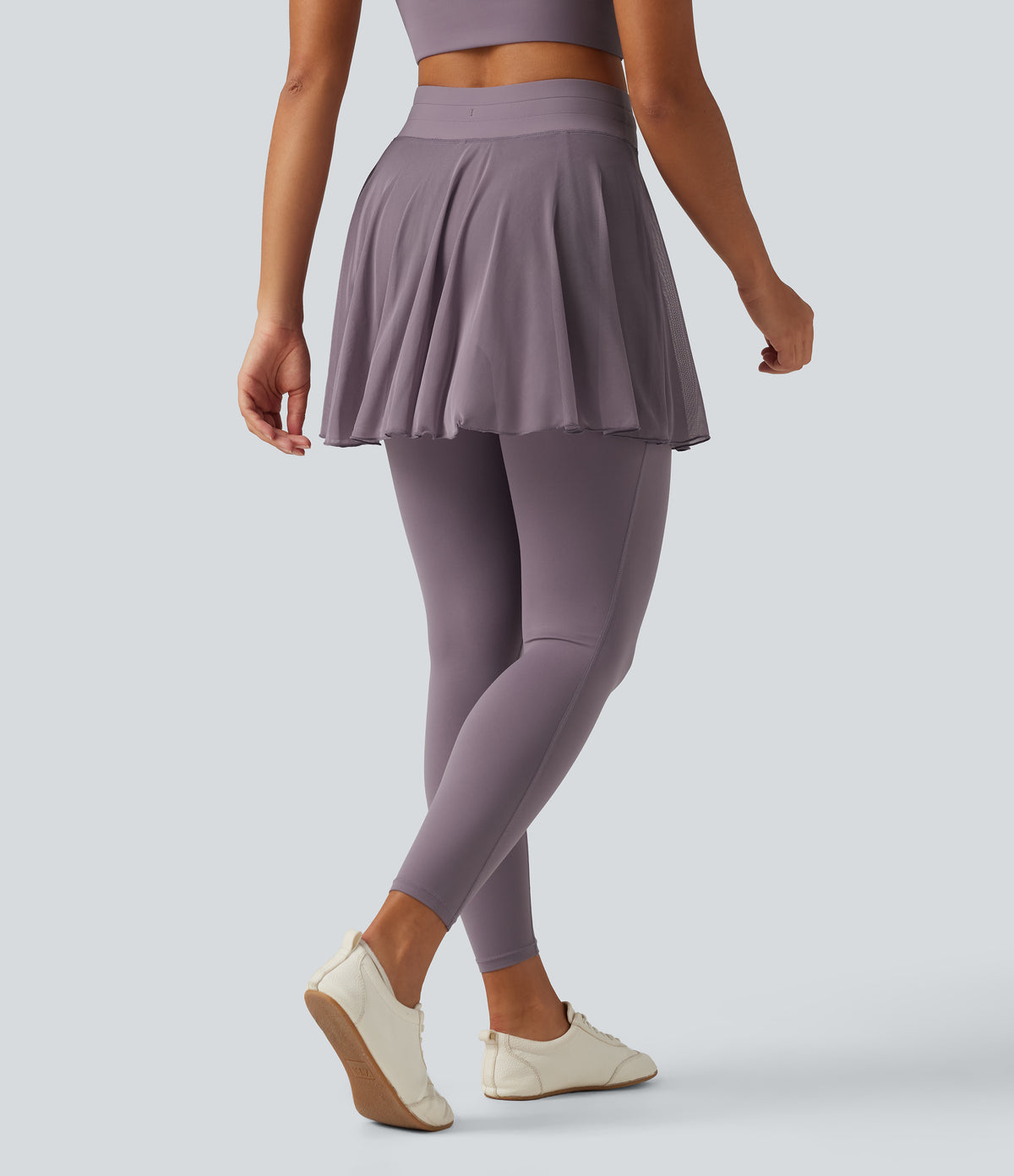 High Waisted Drawstring Mesh Dance Skirted Leggings with Pockets — Cinnabar Purple — view 2