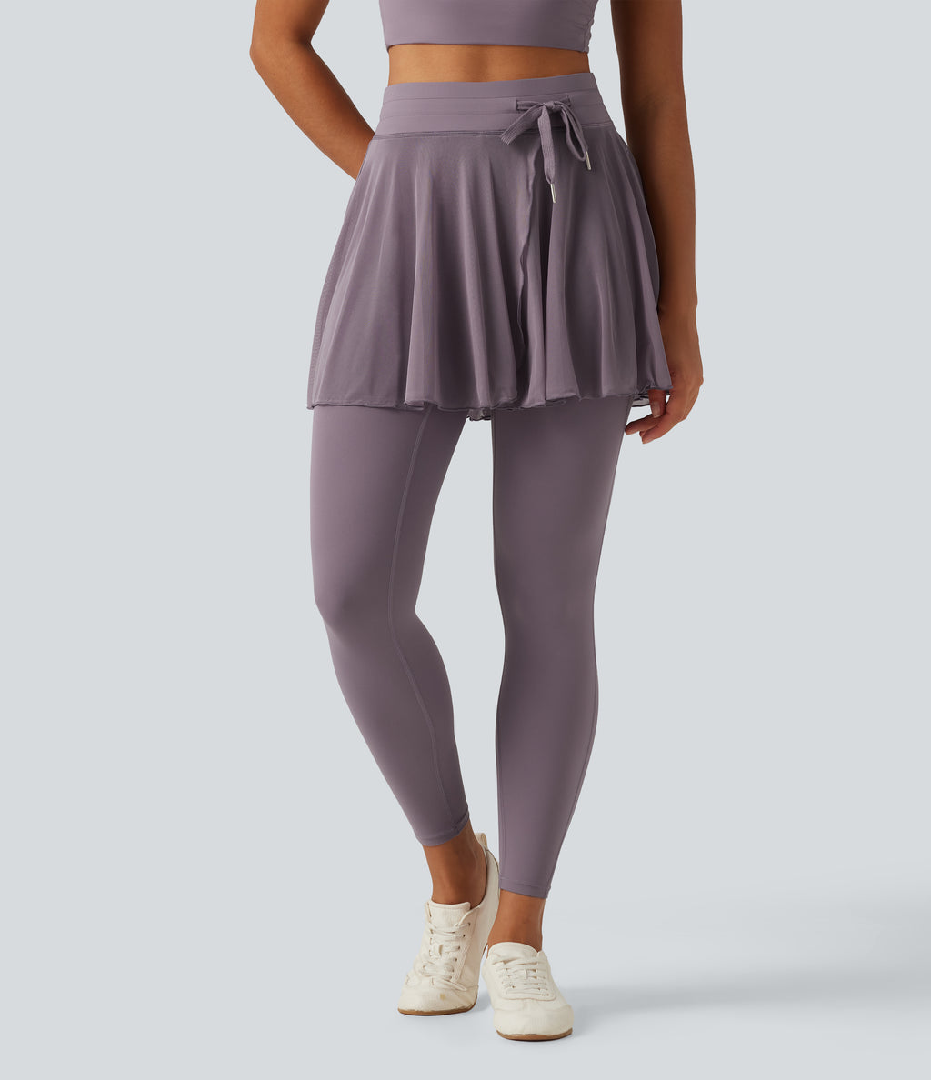 High Waisted Drawstring Mesh Dance Skirted Leggings with Pockets — Cinnabar Purple — view 1